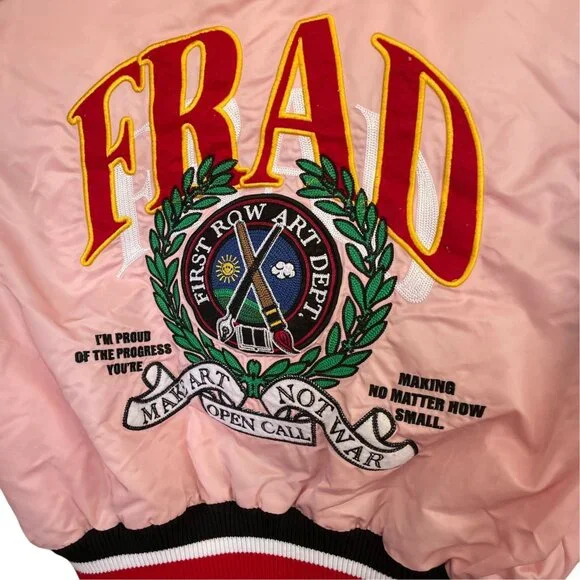 First Row Pen & Brush Cropped Varsity Jacket Pink White Patches Sz S - Picture 4 of 12